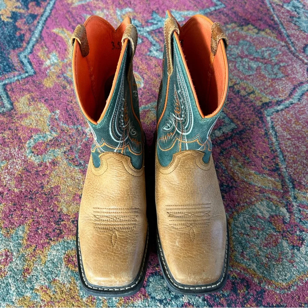 Ariat | Kids Brown Leather Orange/Green Design WorkHog XT Coil Western Boot 3.5